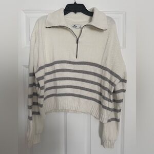 Hollister Cream and Gray Striped Collar Sweater